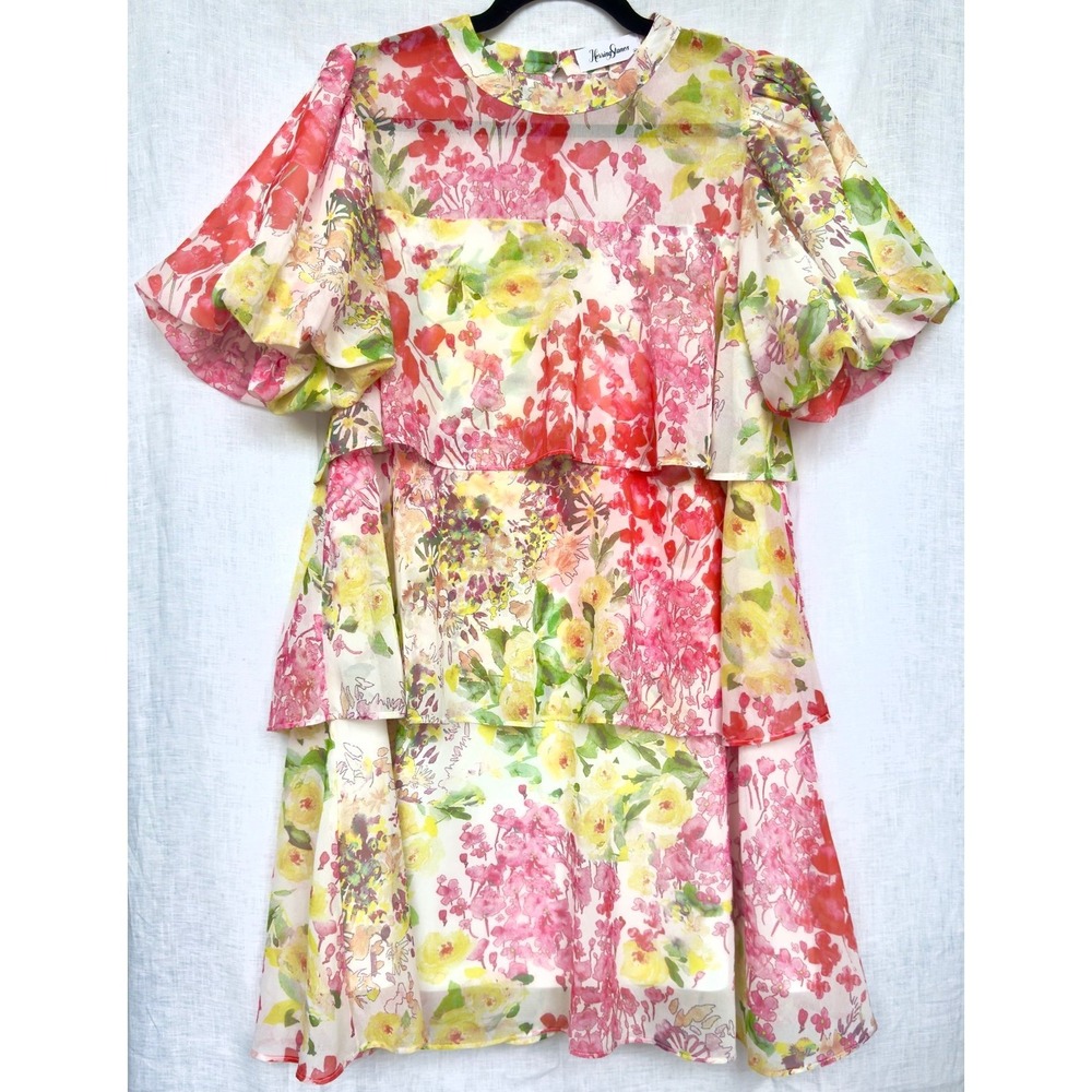 Stunning HerringStones Brand Tiered Flounce Dress Pouf Sleeve Perfect Condition - Picture 2 of 12